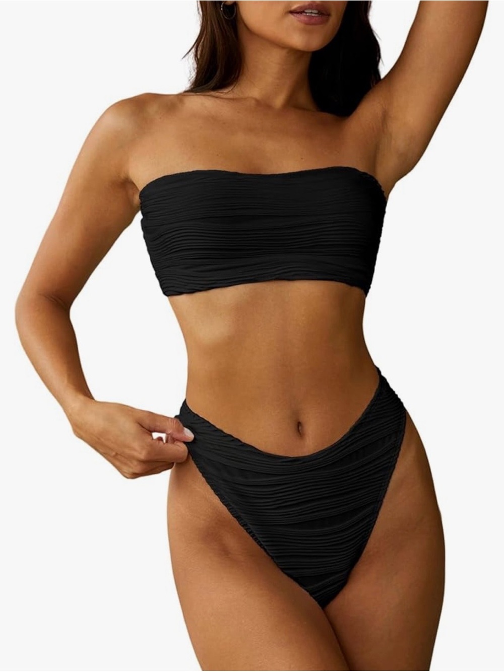 Zaful Black Ruched Bandeau High-Waist Bikini